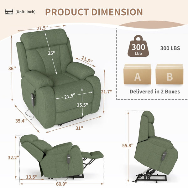 English Elm Power Lift Recliner For Seniors - Elegant Electric Chair With Remote Control & Side Pocket, Dark Green Velvet W1028S00056-GIGA