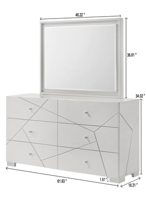 English Elm 1pc Modern Geometric Chest of Drawers with High-Gloss Finish, Sleek Hardware, Spacious Storage and Style White 65 L x 21.3 W x 36 H B2741P323489