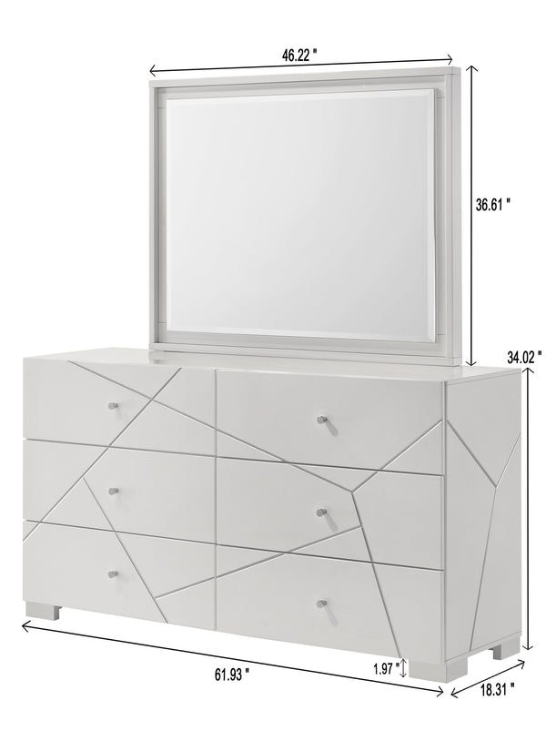 English Elm 1pc Modern Geometric Chest of Drawers with High-Gloss Finish, Sleek Hardware, Spacious Storage and Style White 65 L x 21.3 W x 36 H B2741P323489