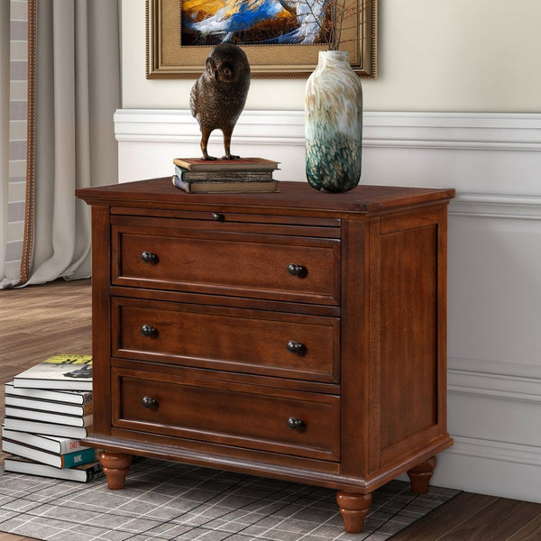 English Elm U_style Minimalist 3 Drawer Nightstand with Pull Out Tray Rubberwood Legs Bedroom Storage Brown WF319367AAD