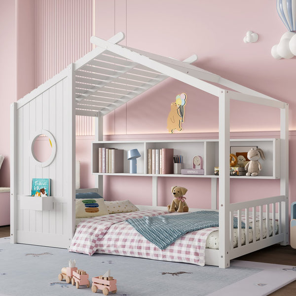 English Elm Twin House Floor Bed for Kids Montessori Playhouse with Roof, Built-In Shelf, Sturdy Pine Frame, Safeologna White 78.6 L x 16.6 W x 6.85 H N733P335064K