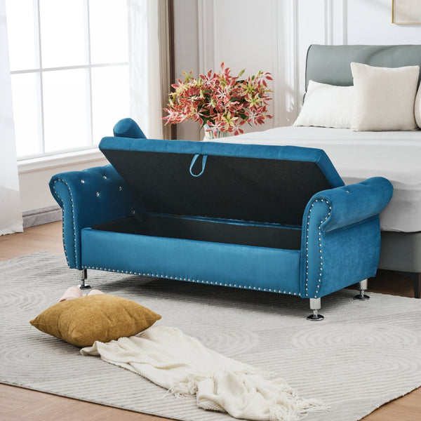 English Elm 62.2 Inch Velvet Tufted Storage Bench with Crystal Accents for Bedroom Glam Decor W288P399974