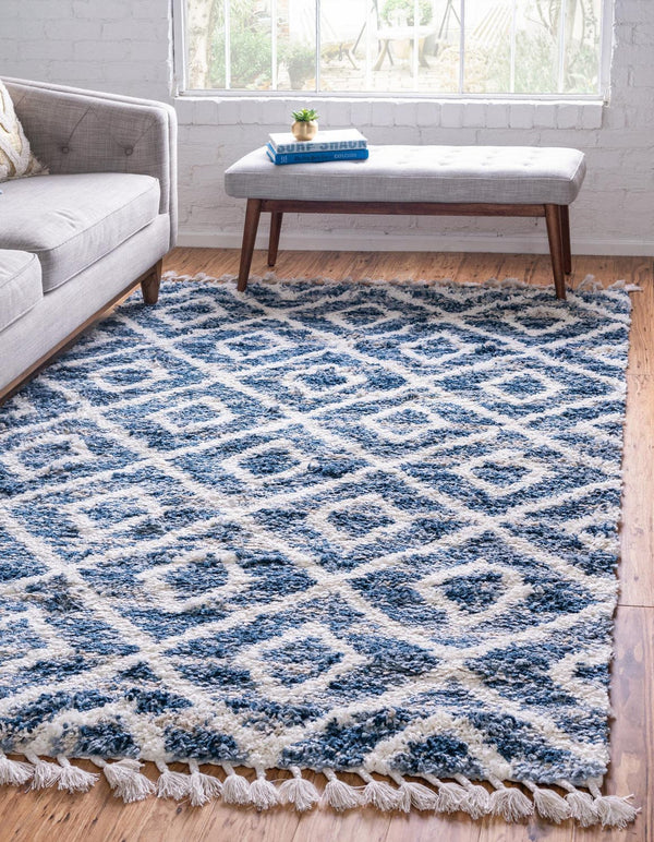 Unique Loom Hygge Shag Diamond Machine Made Geometric Rug Blue, Beige/Ivory 9' 0" x 12' 2"
