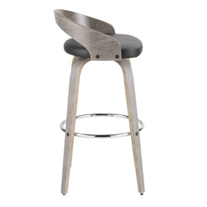 English Elm Grotto Mid-Century Barstool Set of 2 — Light Grey Wood, Black Faux Leather, 360° Swivel & Chrome Footrest B202P222226