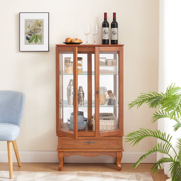English Elm Lighted Curio Cabinet With Adjustable Shelves, Illuminated Display, 2 Doors & Drawer, Oak Finish W2275P178824