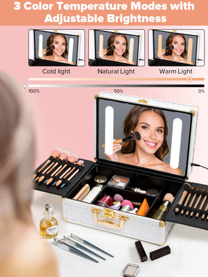 English Elm Portable Led Vanity Makeup Case Aluminum Travel Organizer with Mirror Lock Dividers W1550P163303