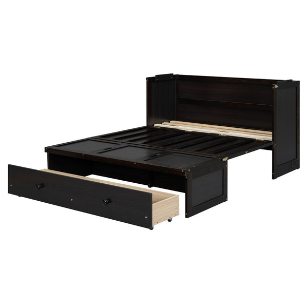 English Elm Full Size Wall Murphy Bed Cabinet with Storage Drawer and Built-in Usb Charging Espresso N708P205903P