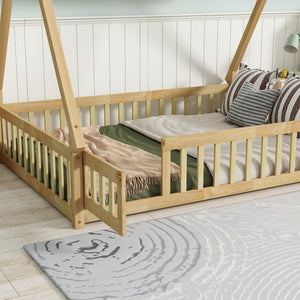 English Elm Full Size Rubber Wood Tent-Shaped Floor Bed With Guardrails & Door - Cozy, Modern Retreat For Kids W504P345788