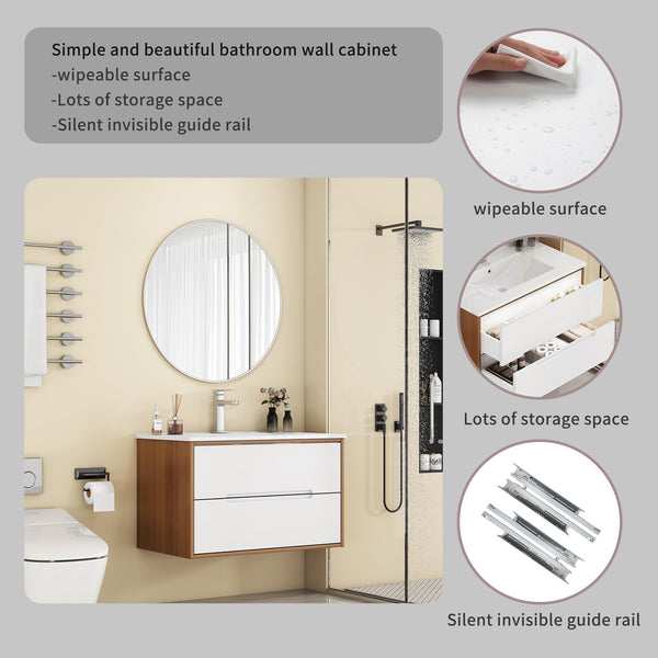 English Elm 32-Inch Wall-Mounted Bathroom Vanity With Sink Combo, Soft-Close Drawers, Modern Walnut Finish W3151S00049