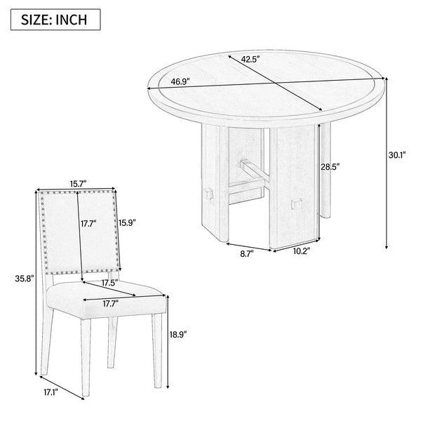 English Elm TREXM 5-Piece Round Dining Set for 4 — Minimalist Farmhouse Table with Upholstered Solid Wood Chairs Beige+Brown ST000148AAD