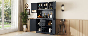 English Elm Coffee Bar Cabinet Dark Blue Farmhouse Buffet with Wine Cubbies, Stemware Rack, Drawers, Shelves & Prep Space Antique Blue W1580S00073