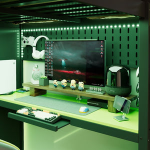 English Elm Full Size Wood Loft Bed with Wardrobe Desk Shelves Rgb Lighting and Blackout Curtains Black+Green LT000269AAF-1