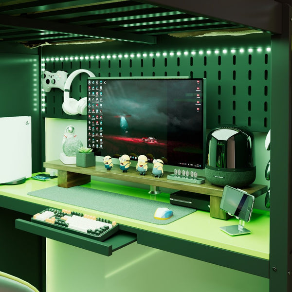 English Elm Full Size Wood Loft Bed with Wardrobe Desk Shelves Rgb Lighting and Blackout Curtains Black+Green LT000269AAF-1