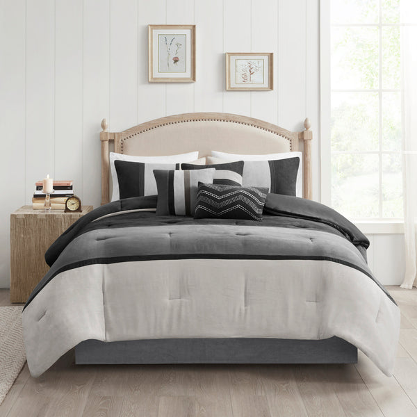 English Elm 7 Piece Faux Suede Comforter Set - Elegant Black Queen Bedding With Hypoallergenic Fill & Versatile Style B03597215