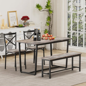English Elm Four-piece industrial dining set with bench and backrest, solid MDF & steel frame, space-saving design Gray W578P333490