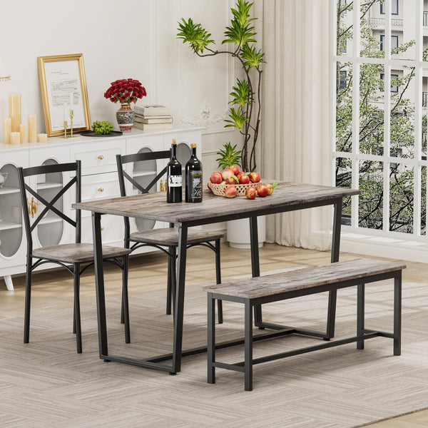 English Elm Four-piece industrial dining set with bench and backrest, solid MDF & steel frame, space-saving design Gray W578P333490