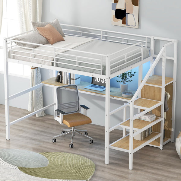English Elm Full Size Metal Loft Bed With Desk, Storage Staircase, Wardrobe & Led Light For Small Spaces GX000620AAK-1