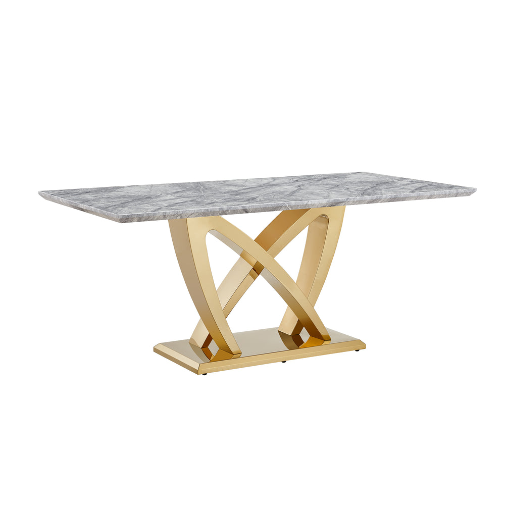 English Elm Marble Dining Table For 6, 70'' Rectangular Faux Marble With Mirrored Stainless Steel Base, Modern Elegance W3456S00026