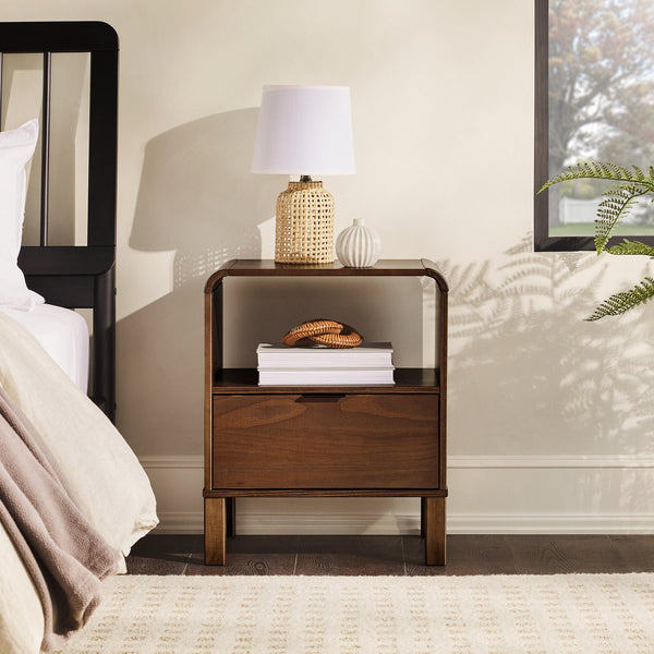 English Elm Walker Edison - Modern Solid Wood Nightstand with Curved Top and Drawer, Minimalist Pine Design for Bedroom Storage and Side Table Brown 26.5 L x 19 W x 6 H B185P168921