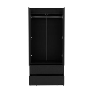 English Elm Armoire, Spacious Engineered Wood Wardrobe with Two Drawers, Hanging Rod and Hidden Storage Appeal Black 52 L x 19 W x 4 H B097S00100