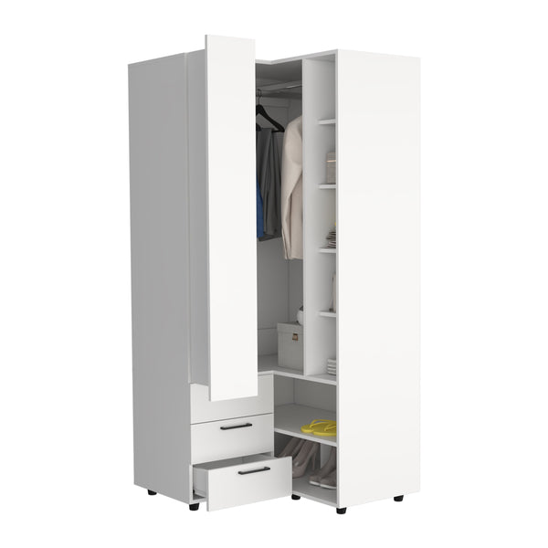 English Elm Toulouse Corner Armoire White — Space-Saving Double-Door Wardrobe with Shelves & Hanging Rod, MDF B070S00377