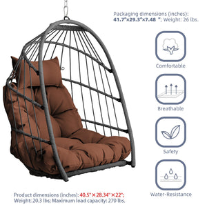 English Elm Outdoor Egg-shaped Hanging Chair with Stand - Cozy Cushioned Swing, Sturdy 350 lb Frame, Indoor/Patio Use Brown+Gray W2500P309626