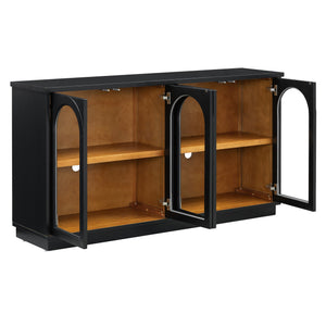 English Elm TREXM 4-Door Large Storage Buffet Cabinet with Glass Doors, Adjustable Shelves and Cable Port Black N715P247544B