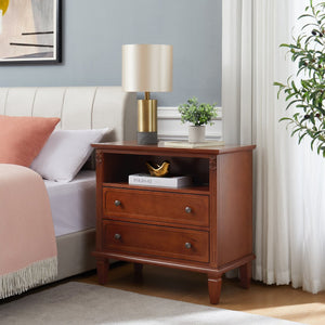 English Elm Open Dresser Nightstand with Charging Station and Open Shelf, 2 Drawers, Solid Wood Legs, Farmhouse Appeal Walnut W1693P216935