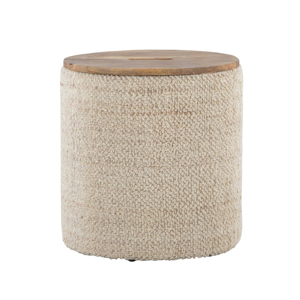 English Elm Wood Lidded Storage Ottoman Handwoven Wool Artisan Texture for Bohemian Living Spaces B202P471523