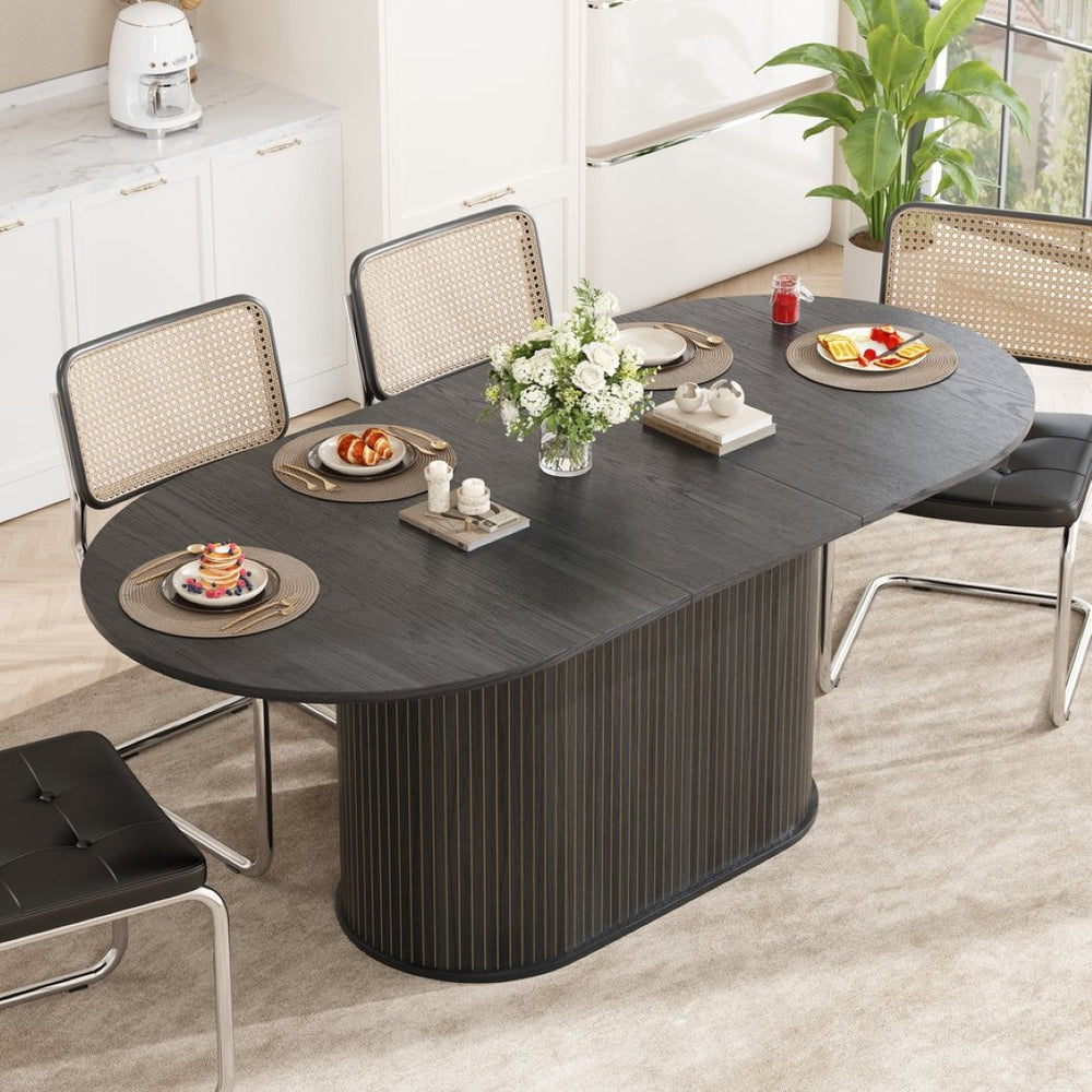 English Elm 55.11"-70.86" Extendable Dining Table with Sculpted Striped Legs Seats Six in Modern Style W757P411742