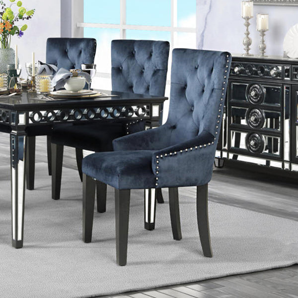 English Elm Velvet Tall Tufted Dining Chair in Black Velvet with Silver Nailhead Trim, Ring Pull & Tapered Legs B016P316090