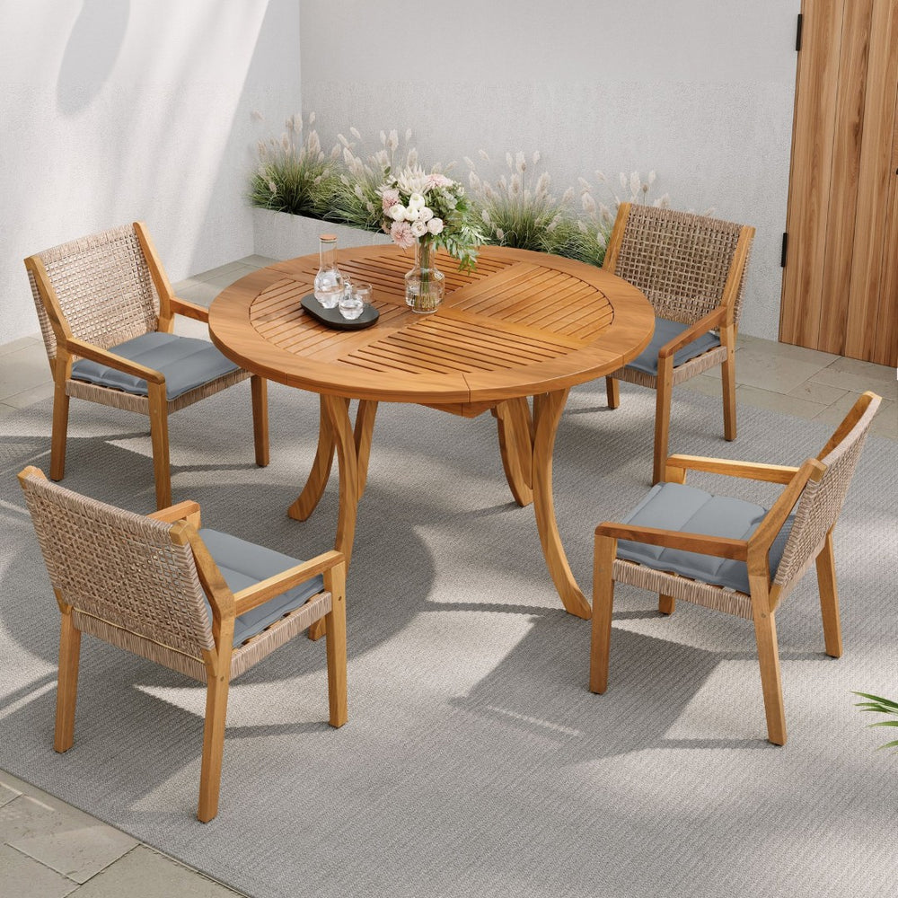 English Elm Modern Acacia Wood Round Patio Dining Set with Wicker Armchairs and Uv Resistant Cushions N770PS597R916