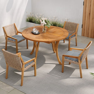 English Elm Modern Acacia Wood Round Patio Dining Set with Wicker Armchairs and Uv Resistant Cushions N770PS597R916