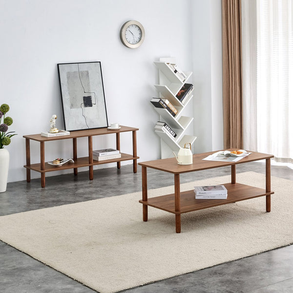 English Elm Modern 2-Tier Coffee Table with Open Shelf, Solid Wood + MDF, Rounded Legs, Durable Farmhouse Style Walnut W3226P279108