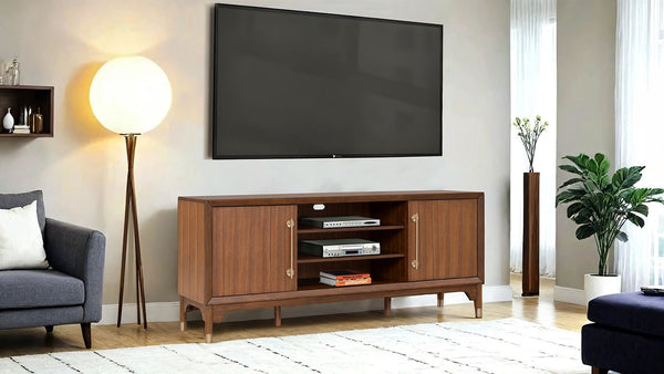 English Elm Mid-Century TV Stand with Gold-Capped Legs and Adjustable Shelves, Retro Modern 70" Media Console Walnut 73 L x 21 W x 31 H B2741P395431
