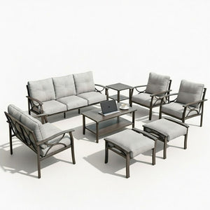 English Elm 8-piece Outdoor Conversation Set 9 Seat Steel Patio Sofa with Thick Cushions Tables Gray B082S00124