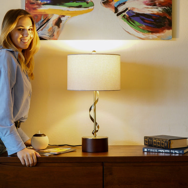 English Elm Ashcroft Furniture - Bedside Solid Wood Nightstand Lamp with Twisted Metal Stem, Linen Shade, E26 Bulb Compatible, 19" White B183P315118