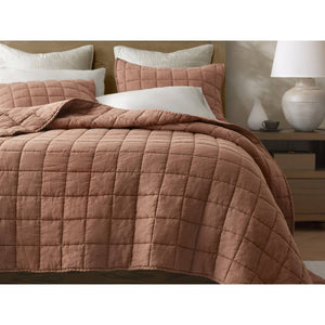 English Elm 3-piece French Linen Quilt Set Garment Washed Breathable Box Stitched Bedding Brick Red B035P408303