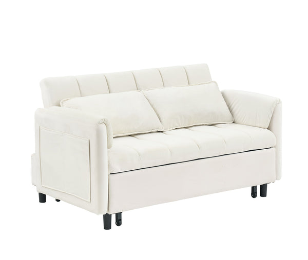 English Elm 52 Beige Modern Velvet Sofa Pullout Bed, 3-in-1 Convertible 52" Loveseat for Small Spaces, Pillows & Storage Pockets W1658P266333