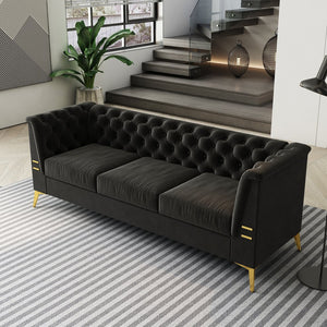 English Elm FX-P83-BK2(SOFA Luxurious Black Velvet 3-Seat Chesterfield Couch with Gold Legs, Tufted, Removable Cushions W576S00077