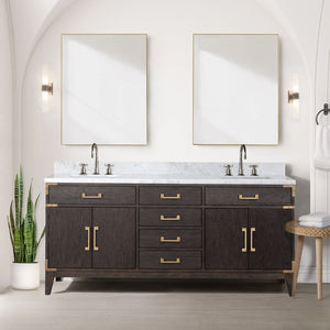 English Elm Brown Oak Double Bath Vanity - Elegant 72" W Design With Ample Storage & Soft-Close Features B2731P259878