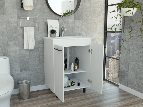 English Elm Selma 60" Freestanding Vanity Cabinet with Division – Durable Particle Board Build, Drop-In One-Hole Sink, Stylish Bathroom Storage and Modern Design White 28 L x 22 W x 7 H B128S00076