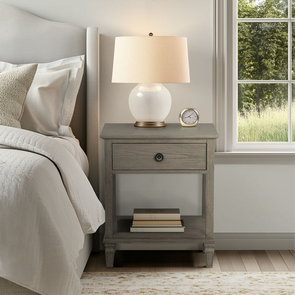 JLA Home Madison Park Signature - one-drawer Victoria nightstand with tapered legs, smooth-glide drawer and open shelf—timeless wood appeal Reclaimed Grey MPS136-0321