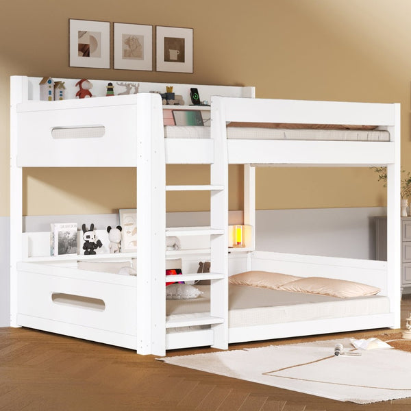 English Elm Queen Over Pine Bunk Bed with Built-in Shelves and Usb Charging Ports White N7090002238K