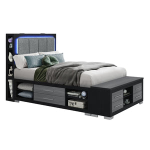 English Elm Messa Full Storage Bed Bookcase Headboard Led Lighting Urban Contemporary Bedroom Black+Grey B201S00357