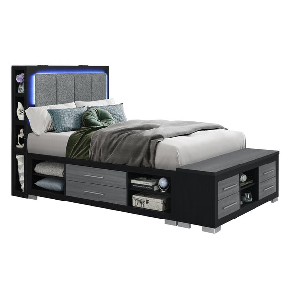 English Elm Messa Full Storage Bed Bookcase Headboard Led Lighting Urban Contemporary Bedroom Black+Grey B201S00357