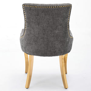 English Elm Chenille Plush Dining Chair with Curved Gold-Plated Legs, Rivet Trim, Textured Upholstery Comfort Gray W1143P332686