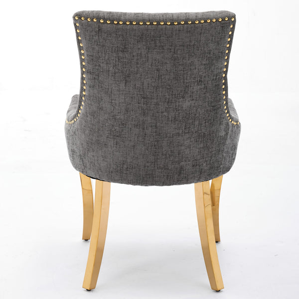 English Elm Chenille Plush Dining Chair with Curved Gold-Plated Legs, Rivet Trim, Textured Upholstery Comfort Gray W1143P332686