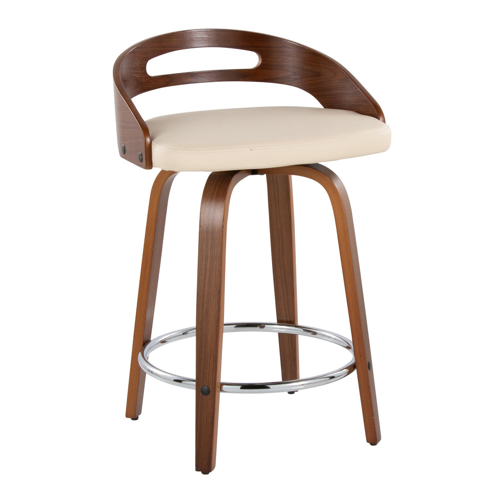 English Elm Cassis 24" Mid-Century Modern Counter Stool Set Of 2 With Swivel Cream Faux Leather & Walnut Wood B202S00014