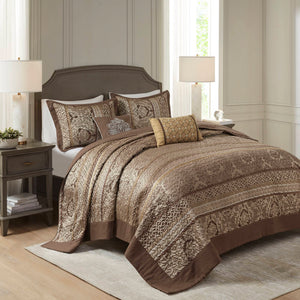 JLA Home Madison Park - 5 Reversible Jacquard Bedspread Set with Quilted Polyester, Brown Gold Elegance and Decorative Pillows 118 L x 120 W x 0.25H MP13-5319